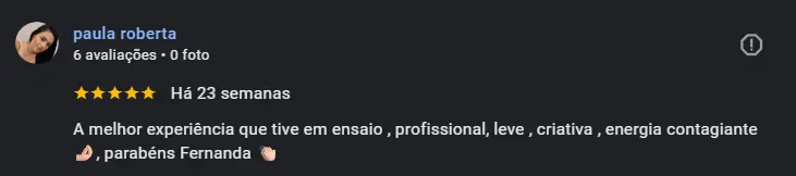 Avaliação de cliente no Perfil Google da Fotográfa Fernanda Santos